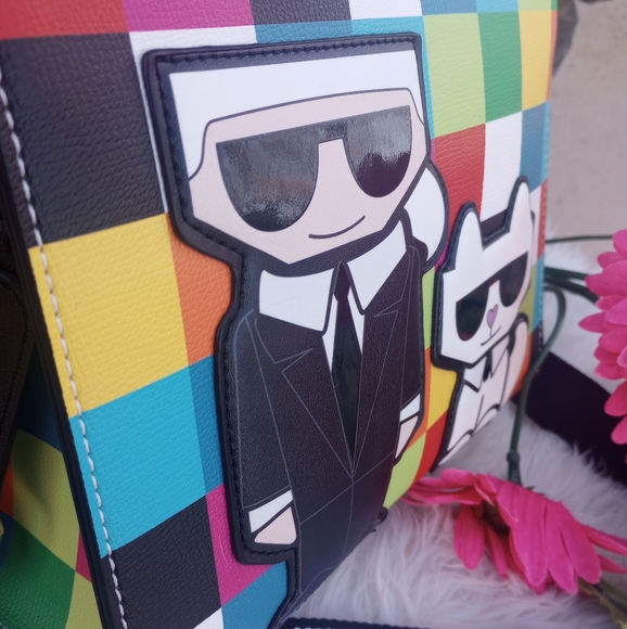 LAST ONE🔥 Karl Lagerfeld Multicolored Rainbow Checkered Maybelle Satchel - Picture 4 of 15